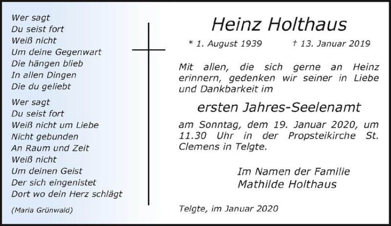  Traueranzeige für Heinz Holthaus vom 11.01.2020 aus Westfälische Nachrichten