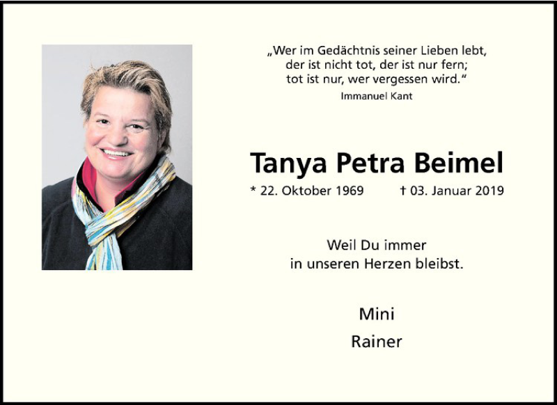  Traueranzeige für Tanya Petra Beimel vom 04.01.2020 aus Westfälische Nachrichten