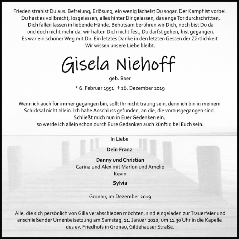  Traueranzeige für Gisela Niehoff vom 04.01.2020 aus Westfälische Nachrichten