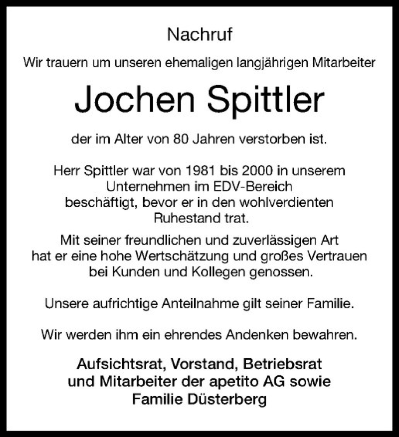  Traueranzeige für Jochen Spittler vom 08.02.2019 aus Westfälische Nachrichten