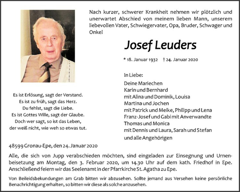  Traueranzeige für Josef Leuders vom 29.01.2020 aus Westfälische Nachrichten