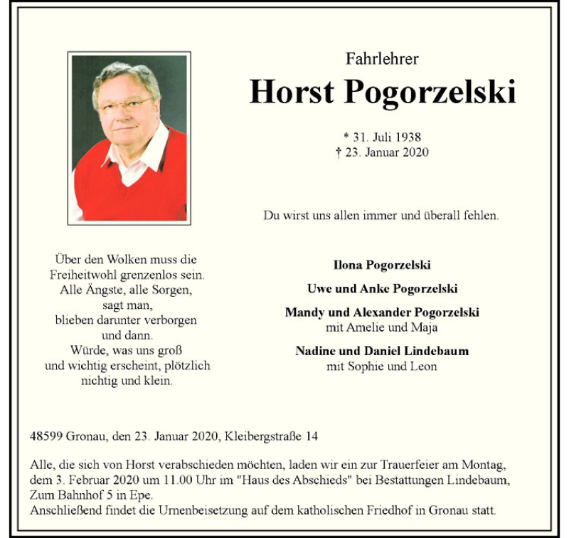  Traueranzeige für Horst Pogorzelski vom 25.01.2020 aus Westfälische Nachrichten