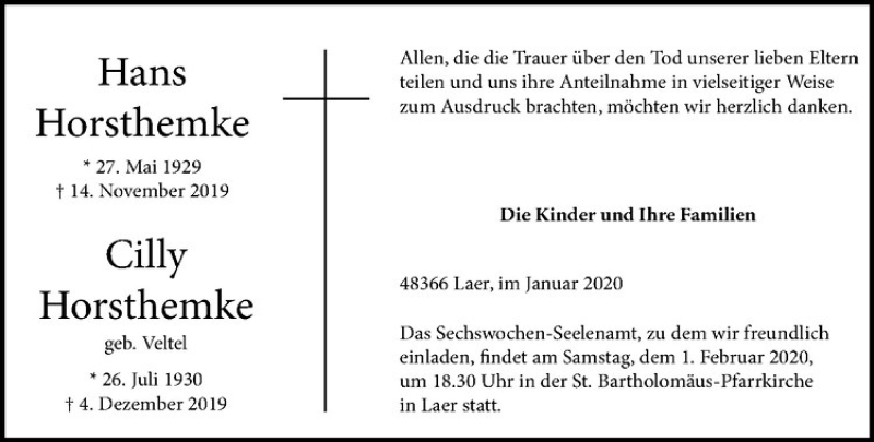  Traueranzeige für Hans Horsthemke vom 25.01.2020 aus Westfälische Nachrichten