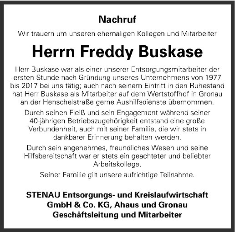  Traueranzeige für Freddy Buskase vom 04.01.2020 aus Westfälische Nachrichten
