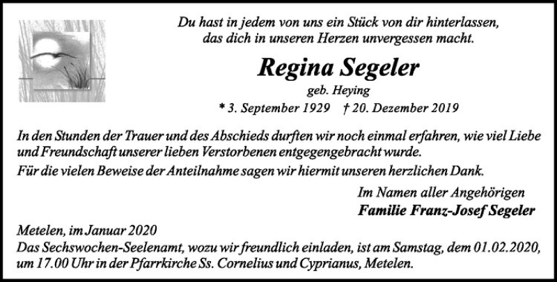  Traueranzeige für Regina Segeler vom 30.01.2020 aus Westfälische Nachrichten