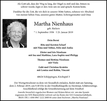 Anzeige von Martha Nienhaus von Westfälische Nachrichten