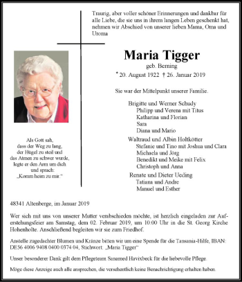 Anzeige von Maria Tigger von Westfälische Nachrichten