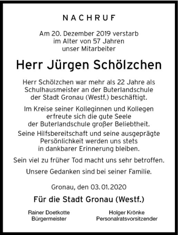 Anzeige von Jürgen Schölzchen von Westfälische Nachrichten