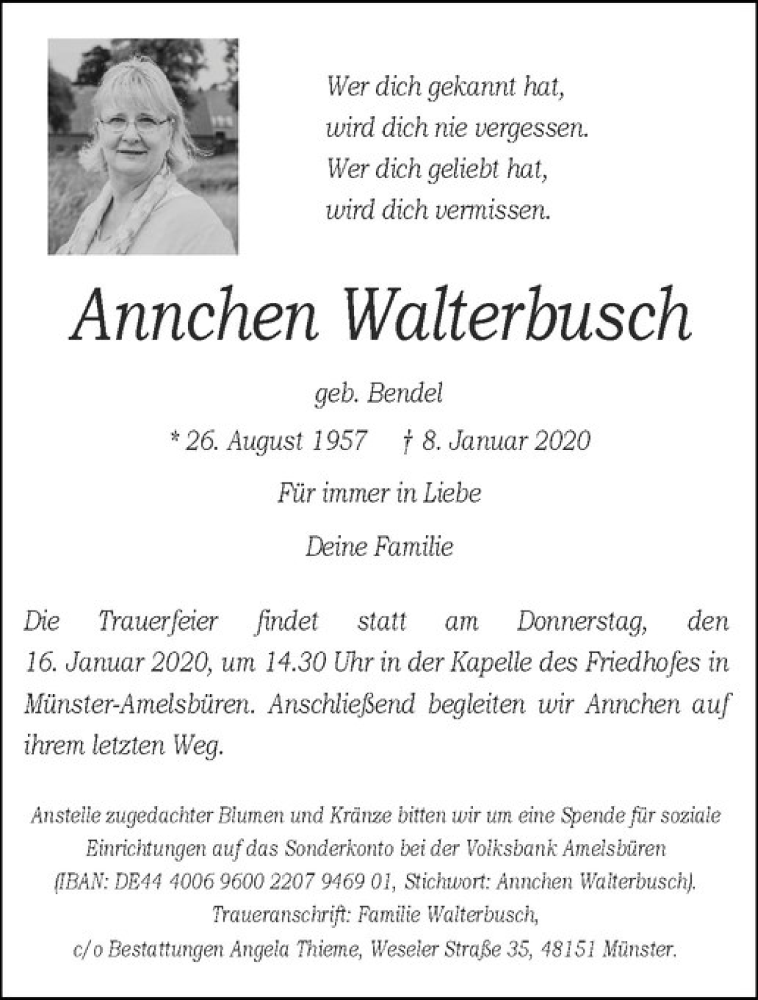 Traueranzeige für Annchen Walterbusch vom 11.01.2020 aus Westfälische Nachrichten