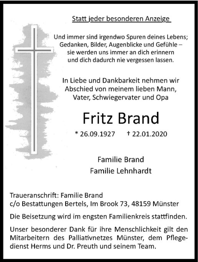  Traueranzeige für Fritz Brand vom 25.01.2020 aus Westfälische Nachrichten