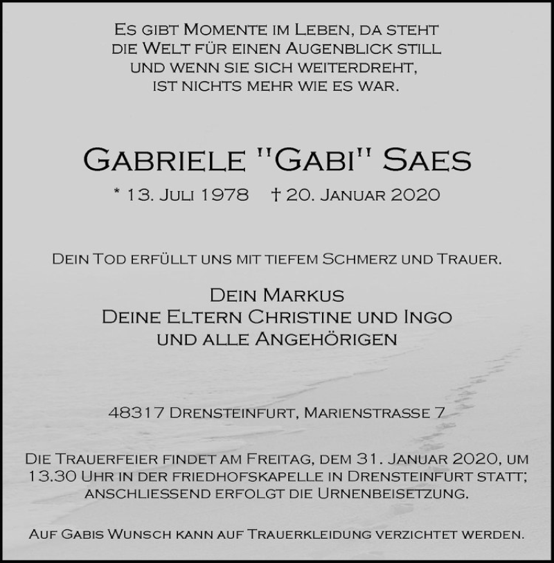  Traueranzeige für Gabriele 
