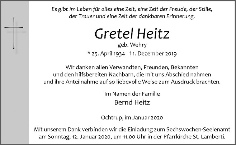  Traueranzeige für Gretel Heitz vom 08.01.2020 aus Westfälische Nachrichten