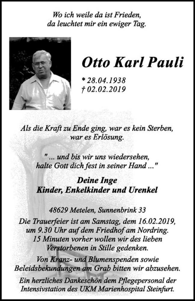  Traueranzeige für Otto Karl Pauli vom 08.02.2019 aus Westfälische Nachrichten
