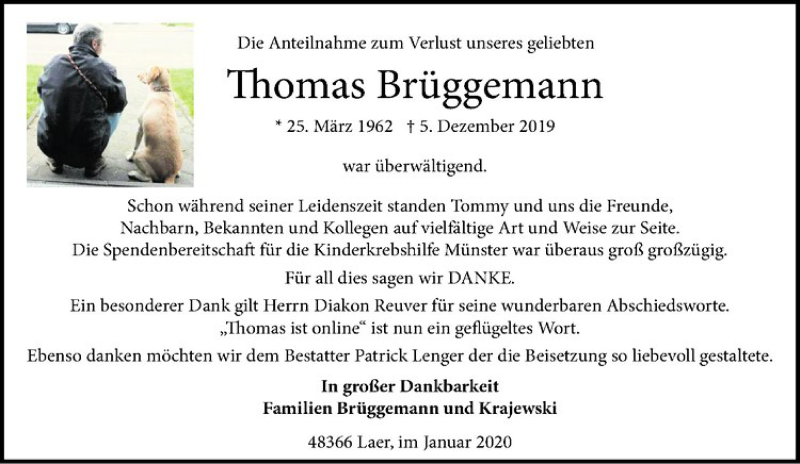  Traueranzeige für Thomas Brüggemann vom 18.01.2020 aus Westfälische Nachrichten