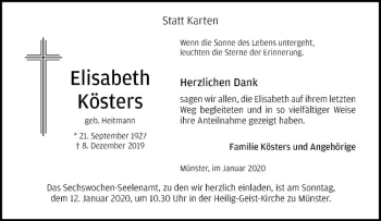 Anzeige von Elisabeth Kösters von Westfälische Nachrichten