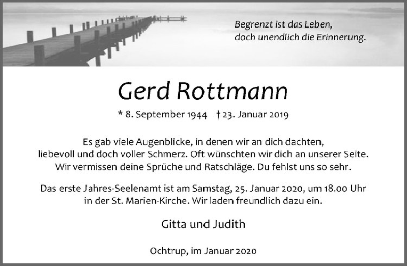  Traueranzeige für Gerd Rottmann vom 22.01.2020 aus Westfälische Nachrichten