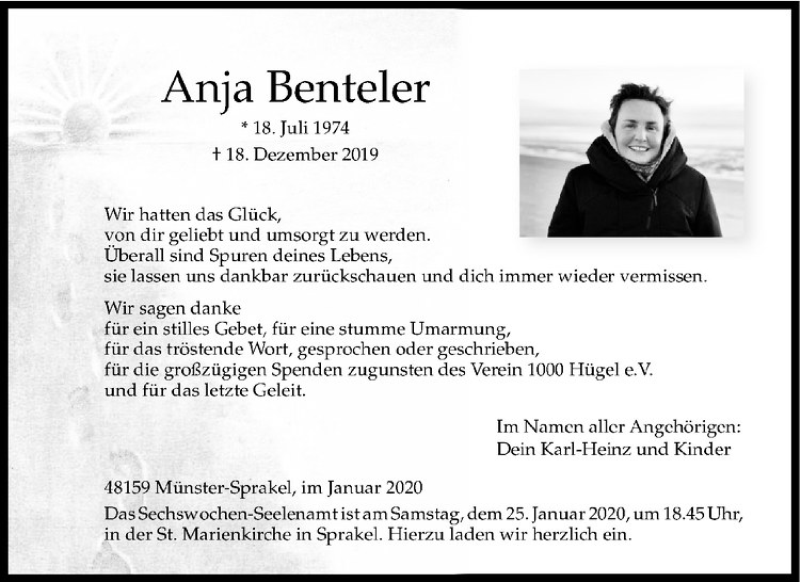  Traueranzeige für Anja Benteler vom 18.01.2020 aus Westfälische Nachrichten