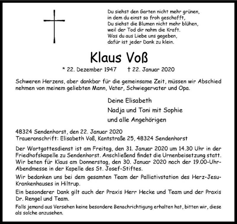 Traueranzeige für Klaus Voß vom 29.01.2020 aus Westfälische Nachrichten