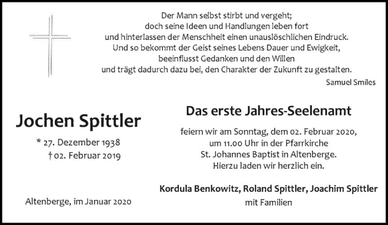  Traueranzeige für Jochen Spittler vom 25.01.2020 aus Westfälische Nachrichten