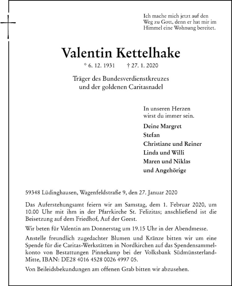  Traueranzeige für Valentin Kettelhake vom 29.01.2020 aus Westfälische Nachrichten