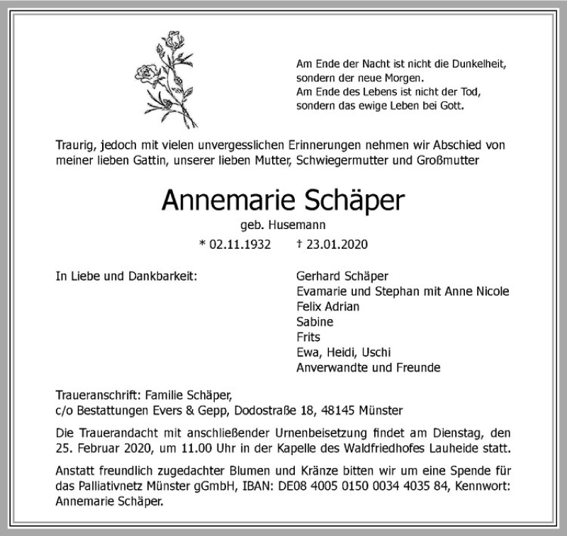  Traueranzeige für Annemarie Schäper vom 29.01.2020 aus Westfälische Nachrichten