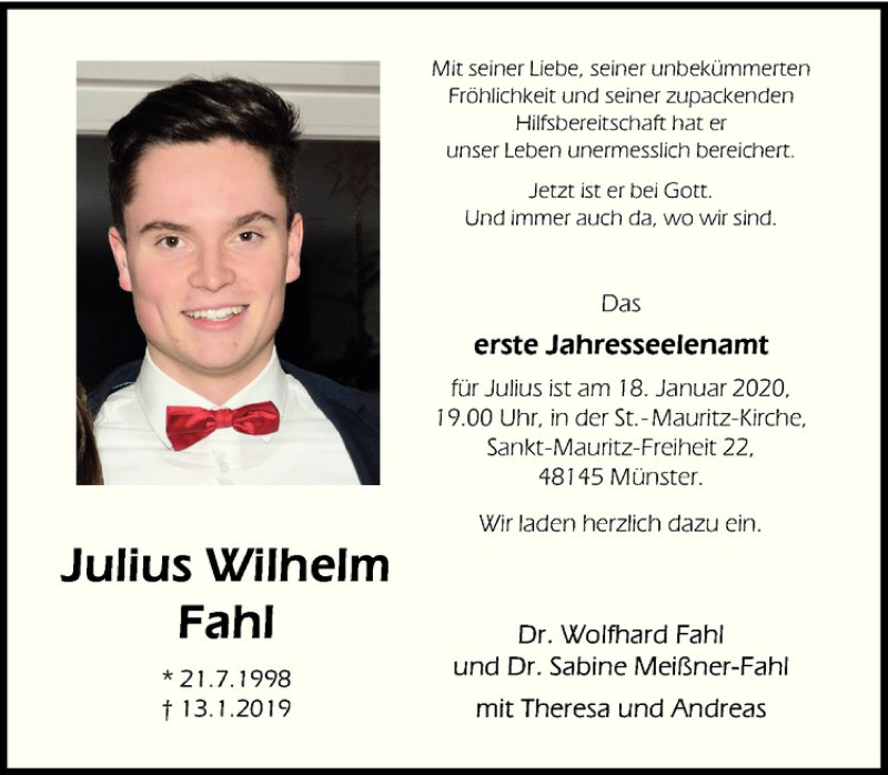  Traueranzeige für Julius Wilhelm Fahl vom 11.01.2020 aus Westfälische Nachrichten
