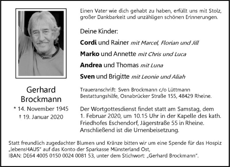  Traueranzeige für Gerhard Brockmann vom 25.01.2020 aus Westfälische Nachrichten