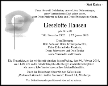 Anzeige von Lieselotte Hansen von Westfälische Nachrichten