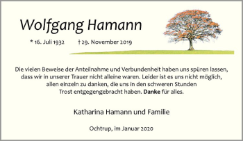 Anzeige von Wolfgang Hamann von Westfälische Nachrichten