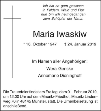 Anzeige von Maria Iwaskiw von Westfälische Nachrichten