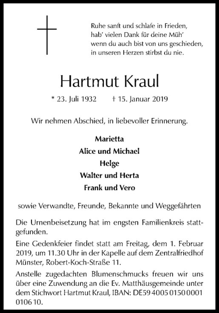  Traueranzeige für   vom 26.01.2019 aus Westfälische Nachrichten