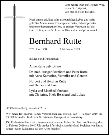 Anzeige von Bernhard Rutte von Westfälische Nachrichten