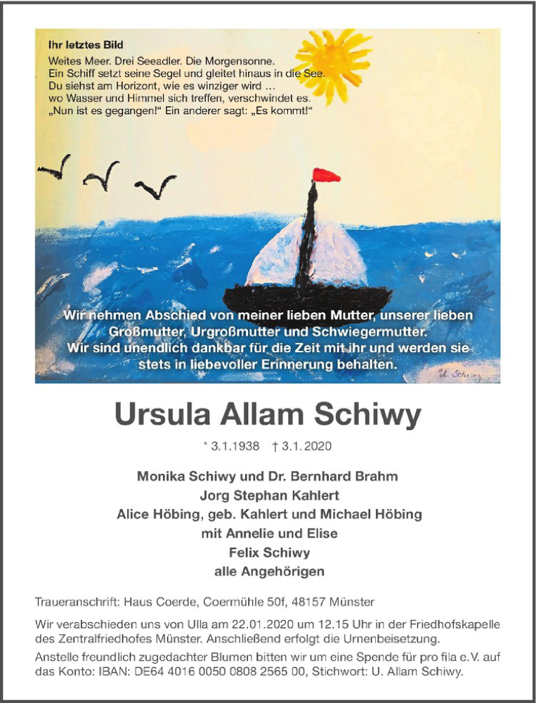  Traueranzeige für Ursula Allam Schiwy vom 11.01.2020 aus Westfälische Nachrichten