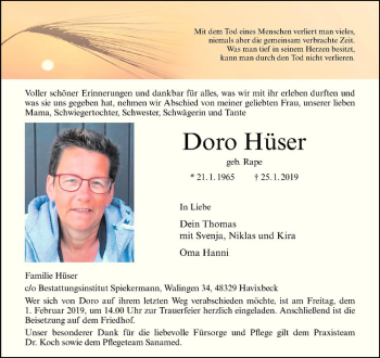 Anzeige von Doro Hüser von Westfälische Nachrichten