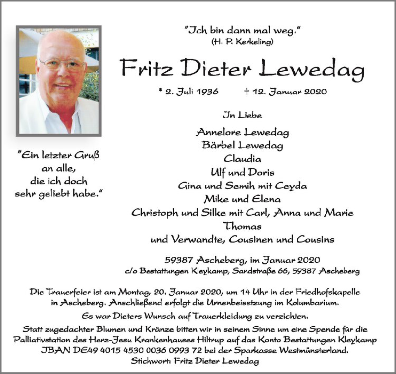  Traueranzeige für Fritz Dieter Lewedag vom 15.01.2020 aus Westfälische Nachrichten