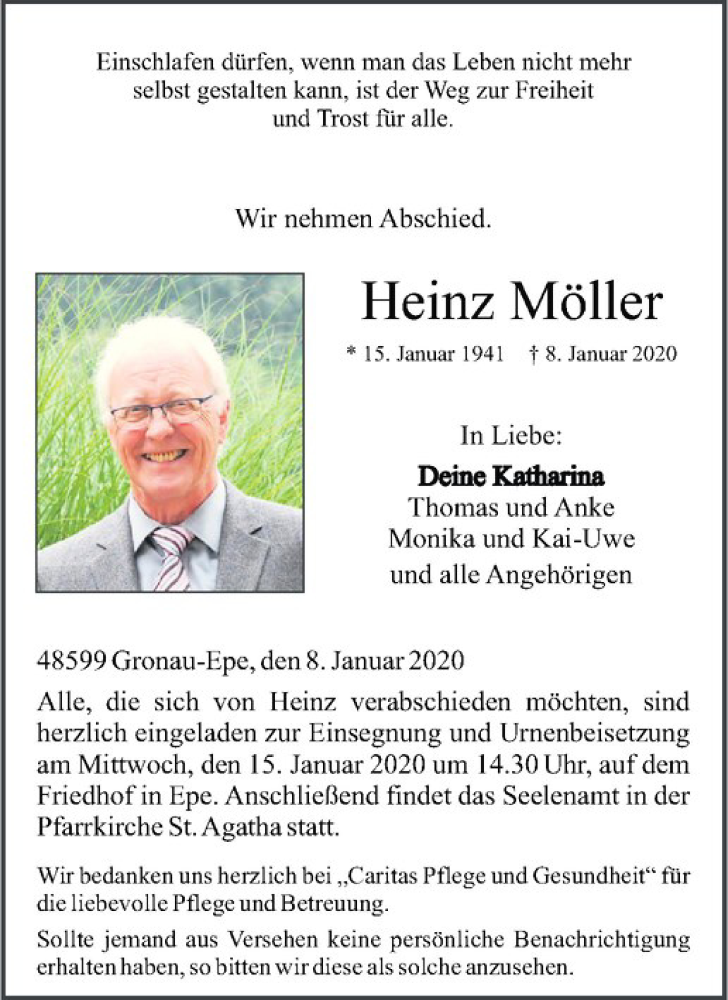  Traueranzeige für Heinz Möller vom 11.01.2020 aus Westfälische Nachrichten