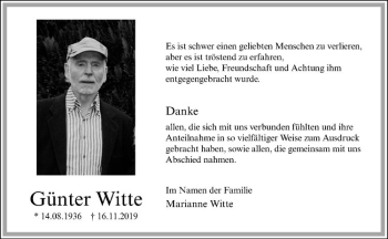 Anzeige von Günter Witte von Westfälische Nachrichten