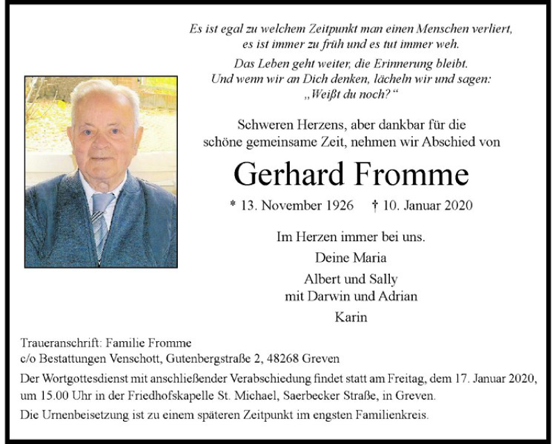  Traueranzeige für Gerhard Fromme vom 15.01.2020 aus Westfälische Nachrichten