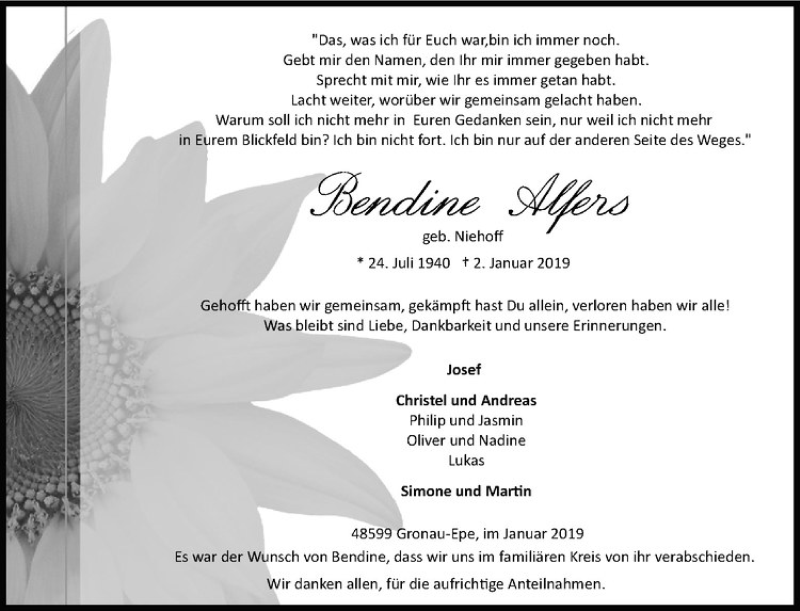  Traueranzeige für   vom 12.01.2019 aus Westfälische Nachrichten