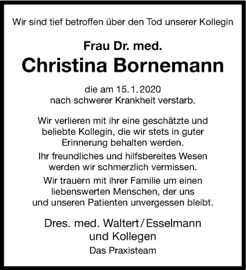  Traueranzeige für Christina Bornemann vom 25.01.2020 aus Westfälische Nachrichten