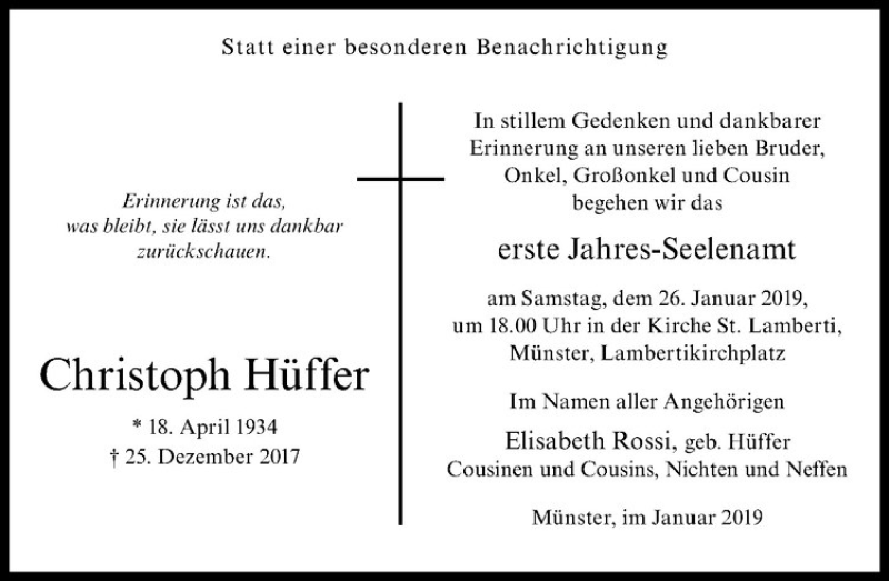  Traueranzeige für   vom 19.01.2019 aus Westfälische Nachrichten