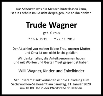 Anzeige von Trude Wagner von Westfälische Nachrichten