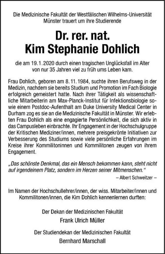  Traueranzeige für Kim Stephanie Dohlich vom 25.01.2020 aus Westfälische Nachrichten