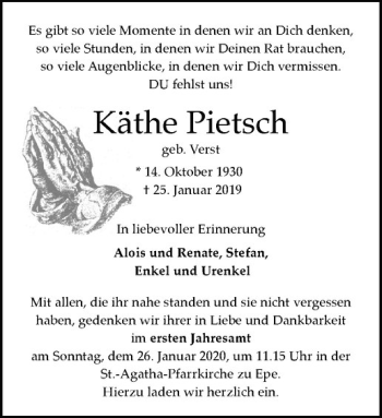 Anzeige von Käthe Pietsch von Westfälische Nachrichten