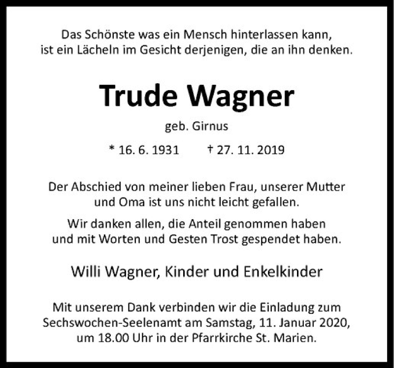  Traueranzeige für Trude Wagner vom 09.01.2020 aus Westfälische Nachrichten