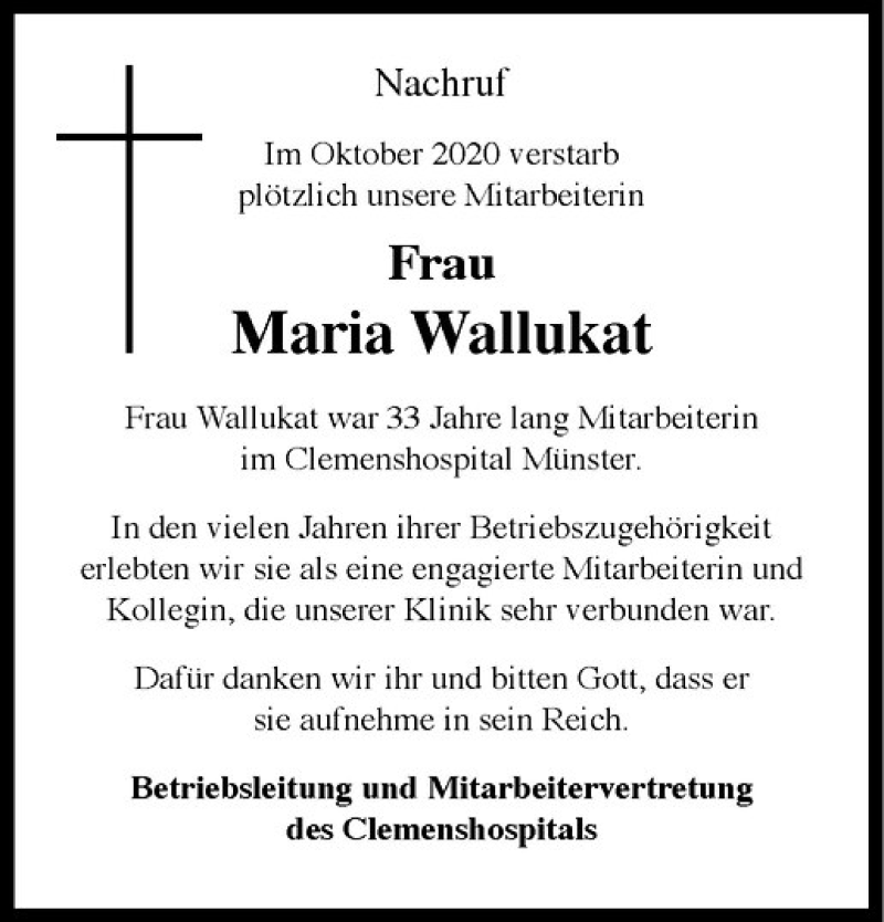  Traueranzeige für Maria Wallukat vom 30.10.2020 aus Westfälische Nachrichten