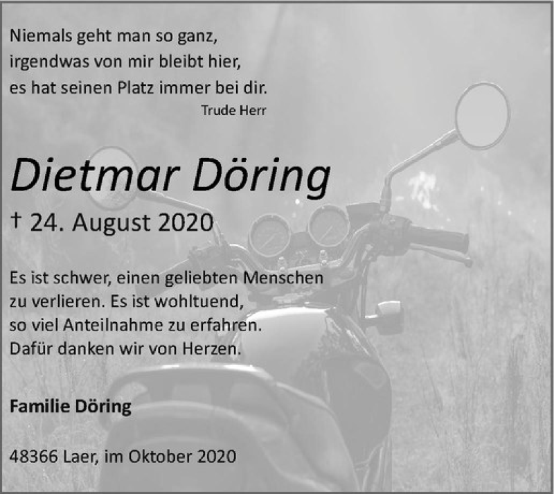  Traueranzeige für Dietmar Döring vom 03.10.2020 aus Westfälische Nachrichten