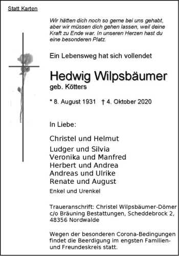 Anzeige von Hedwig Wilpsbäumer von Westfälische Nachrichten