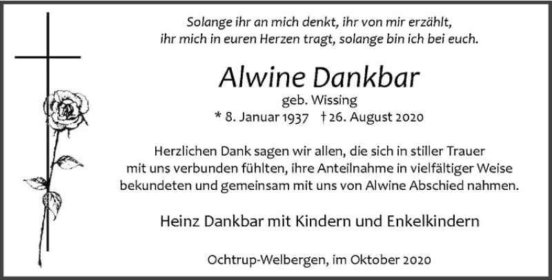  Traueranzeige für Alwine Dankbar vom 07.10.2020 aus Westfälische Nachrichten