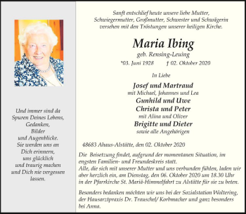 Anzeige von Maria Ibing von Westfälische Nachrichten